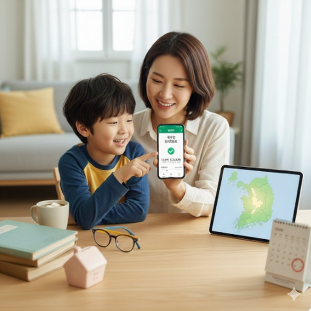 "2026년 아동수당 개편안을 확인하며 미소 짓는 엄마와 아동, 그리고 태블릿 화면에 표시된 대한민국 인구감소지역 지도와 복지로 신청 완료 화면."