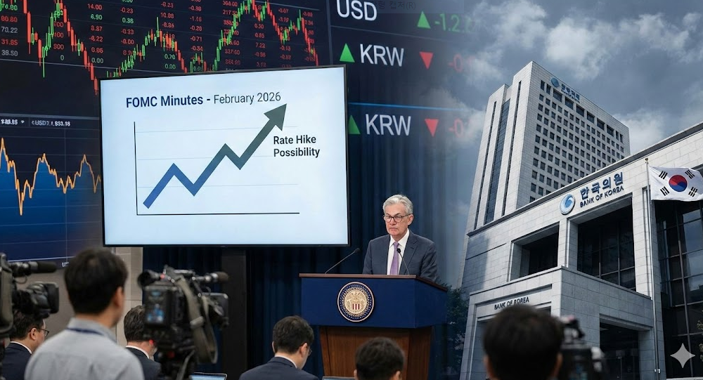 2026년 2월 FOMC 의사록의 금리 인상 가능성 그래프를 배경으로 한 제롬 파월 연준 의장과 한국은행 건물의 합성 이미지