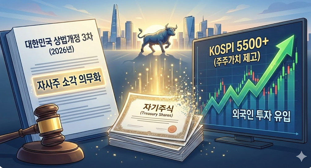 2026년 대한민국 상법개정 3차 법안 문서, 소각되는 자기주식, KOSPI 5500 돌파와 외국인 투자 유입을 알리는 주식 시장 상승 그래프, 강세장을 상징하는 황소 일러스트