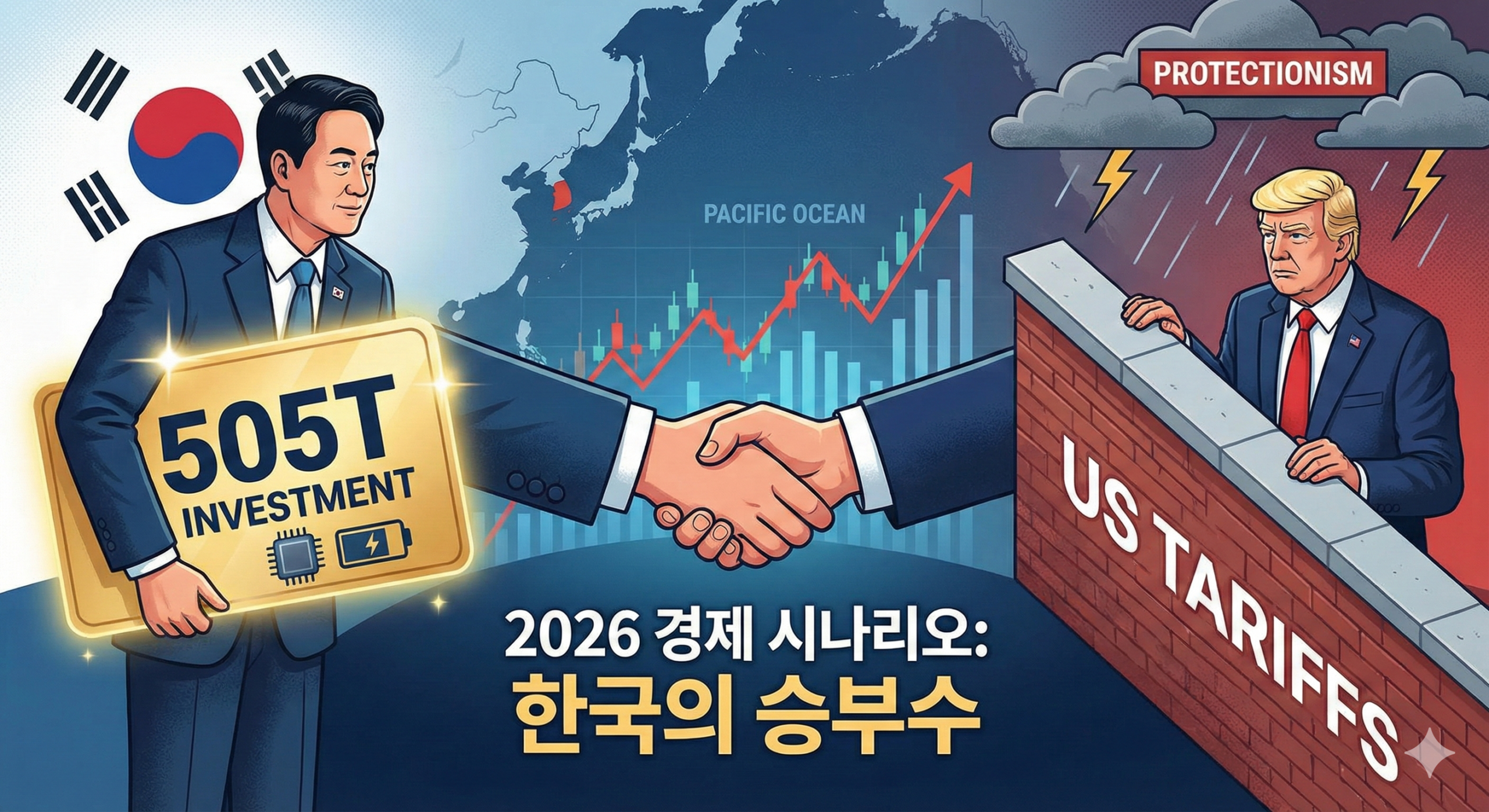 한국 정부 관료가 반도체와 배터리가 그려진 '505조 투자' 황금 카드를 들고, '미국 관세' 장벽 너머의 도널드 트럼프와 악수하며 보호무역주의 폭풍 속에 경제적 승부수를 던지는 모습을 담은 인포그래픽.