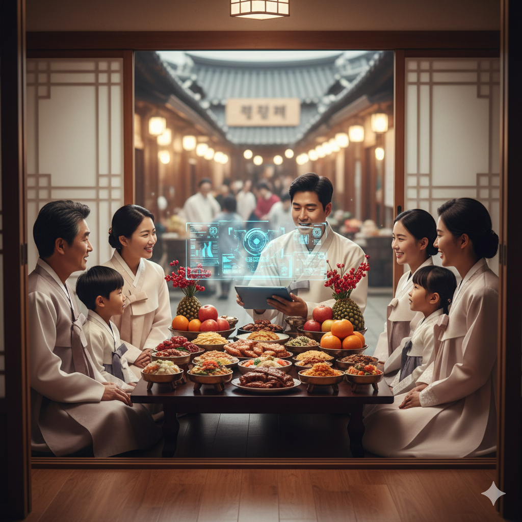 한옥 배경 아래에서 한복을 입은 대가족이 정성스럽게 차려진 명절 음식을 앞에 두고 태블릿 PC로 경제 정보를 확인하며 웃고 있는 실사풍 이미지.