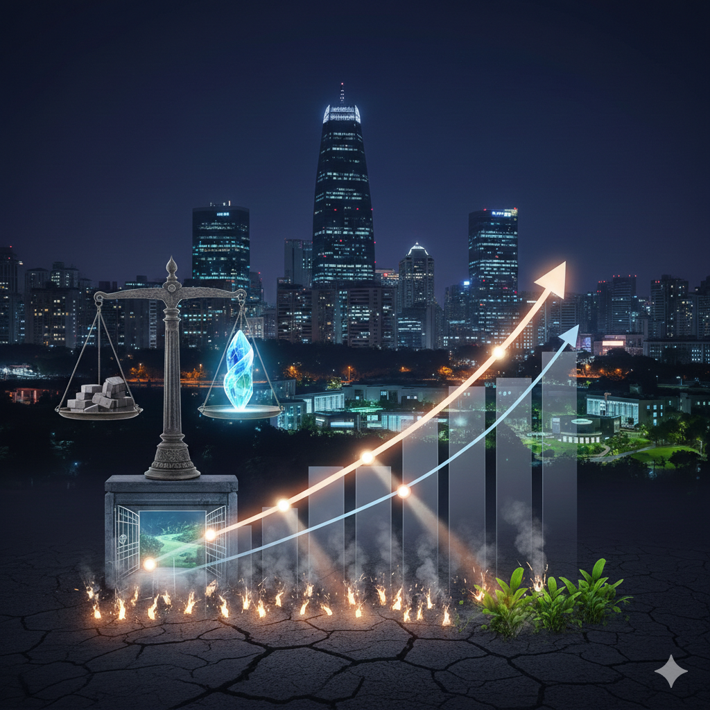 밤의 서울 도심 배경 위로 경제적 심판과 성장을 상징하는 저울, 상승하는 주가 지표 그래프, 갈라진 땅에서 피어나는 새싹과 불꽃이 대조를 이루는 입체적인 경제 분석 이미지