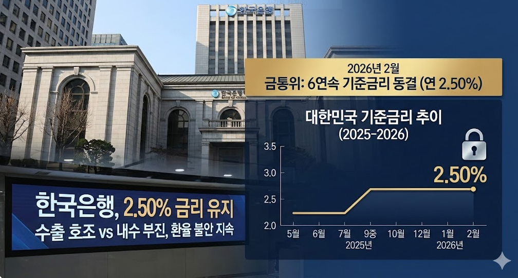 한국은행 건물 배경에 연 2.50% 기준금리 동결 그래프와 수출 호조 및 내수 부진 문구가 포함된 2026년 2월 금통위 결과 요약 인포그래픽