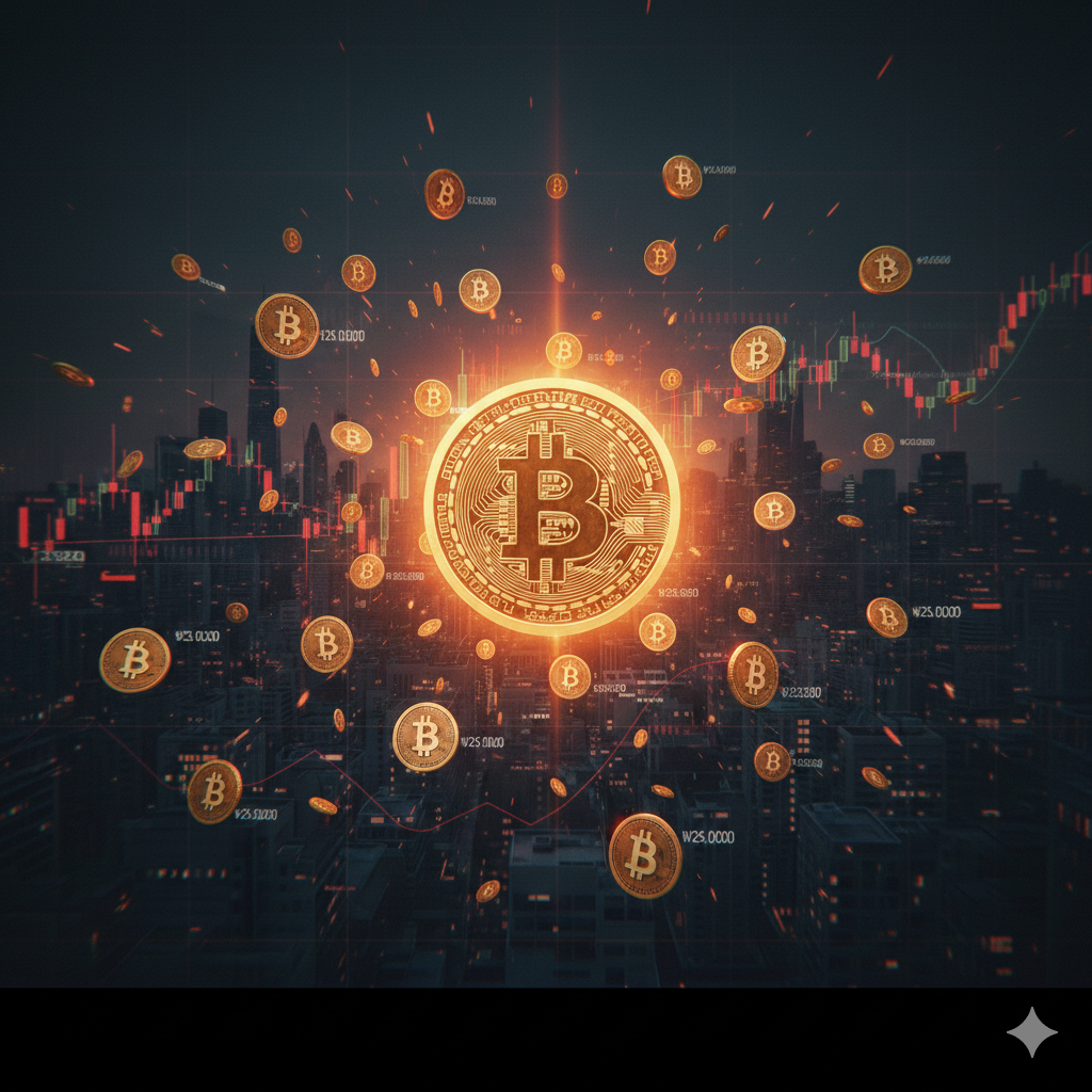 빗썸 거래소의 비트코인 오지급 사고와 코인 복사 논란을 상징하는 도시 배경의 비트코인 그래픽 이미지