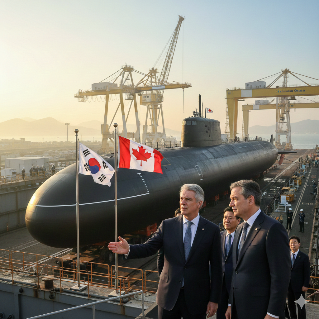 한화오션 거제사업장에서 캐나다 국방조달 국무장관과 관계자들이 대한민국 장보고-III 잠수함을 시찰하며 대화하는 모습
