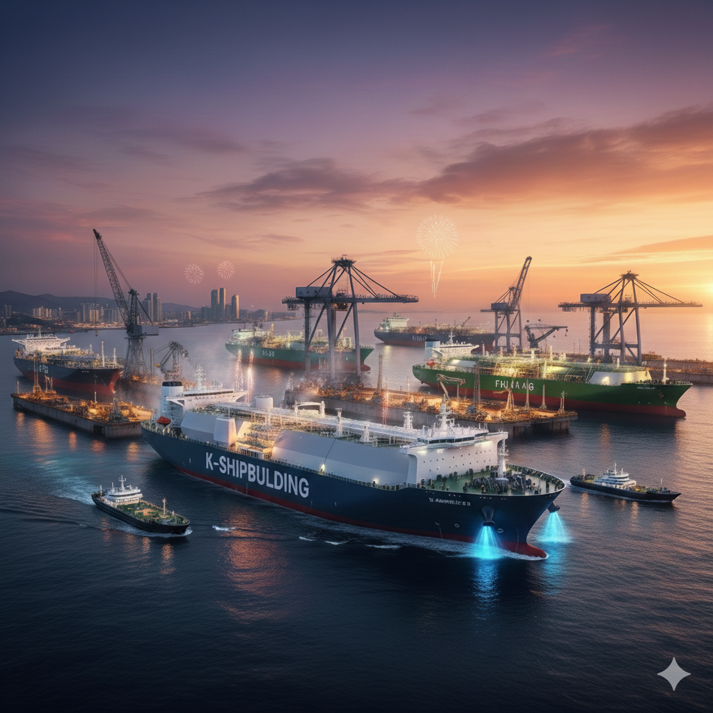 "석양이 비치는 현대적인 항구에서 거대한 LNG 운반선과 친환경 선박들이 줄지어 출항하고 있는 모습. 한국 조선업의 부활과 기술력을 상징하는 화려한 조선소 전경."