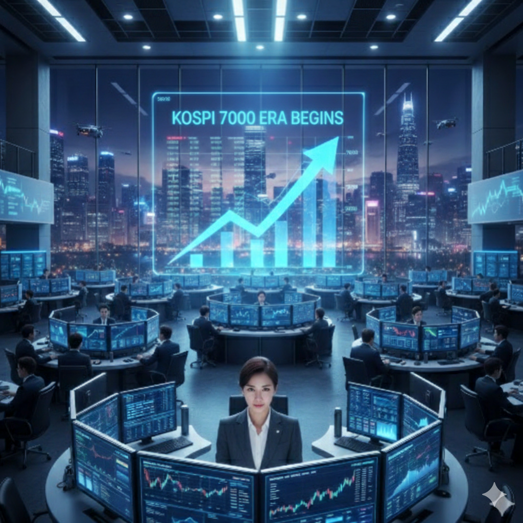 KOSPI 7000 ERA BEGINS라는 문구가 적힌 대형 스크린과 주가 차트가 보이는 현대적인 증권 거래소 상황실 전경