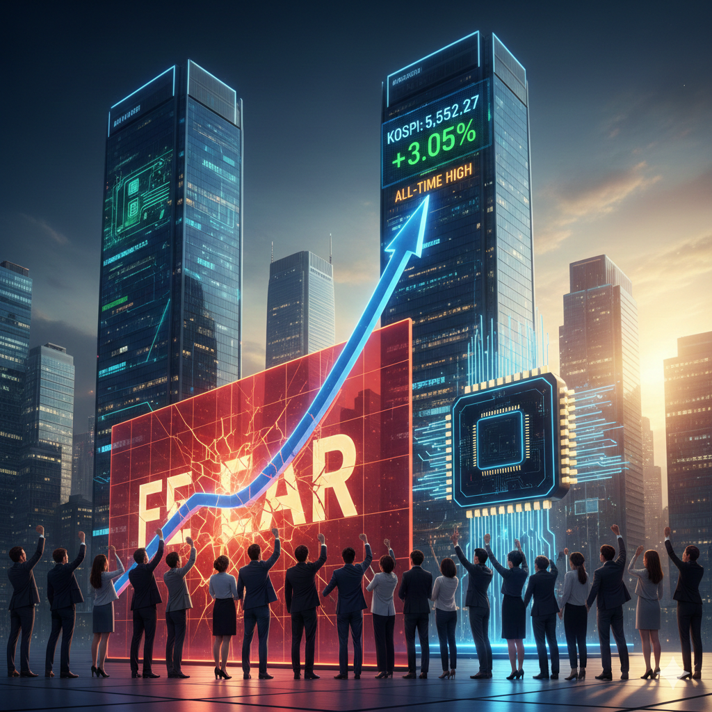 "2026년 코스피 지수가 5,552.27로 사상 최고치를 경신하며 급등하는 그래프 화살표가 'FEAR(공포)'라고 적힌 붉은 벽을 부수고 있고, 그 옆에는 빛나는 대형 AI 반도체 칩이 떠 있습니다. 아래에는 수많은 사람들이 환호하며 이 광경을 바라보고 있는 도시 야경의 디지털 아트워크입니다."