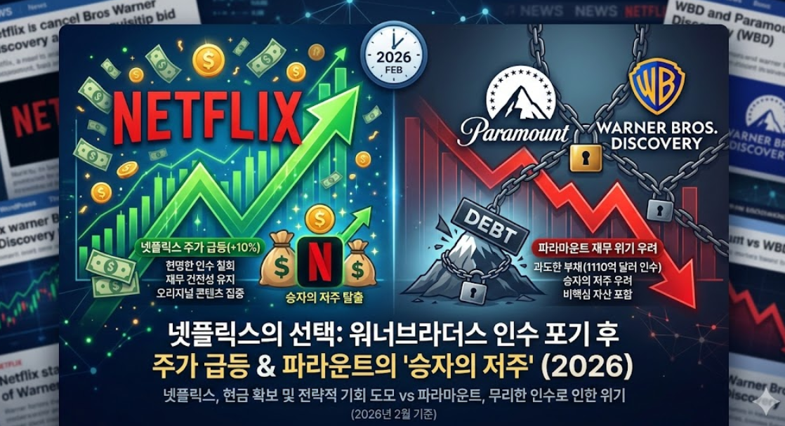 넷플릭스의 워너브라더스 인수 포기 후 주가 급등과 파라마운트의 무리한 인수에 따른 재무 위기 우려를 비교한 2026년 인포그래픽.