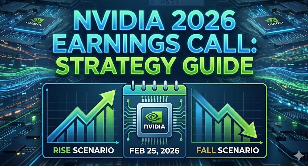 엔비디아 2026년 실적발표 날짜와 상승 및 하락 주가 그래프가 포함된 투자 전략 가이드 대표 이미지