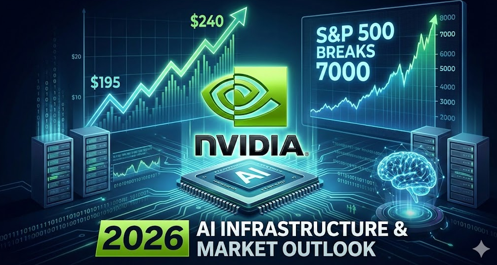 엔비디아 로고와 AI 반도체 칩, 데이터센터 서버, 그리고 S&P 500 지수 7000포인트 돌파와 주가 240달러 목표치를 나타내는 우상향 차트 그래픽