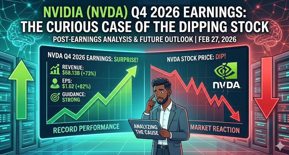 엔비디아의 2026회계연도 4분기 기록적인 실적 지표(매출 681억 달러, EPS 1.62달러)와 실적 발표 후 주가 하락 반응을 대조하여 보여주는 분석 인포그래픽