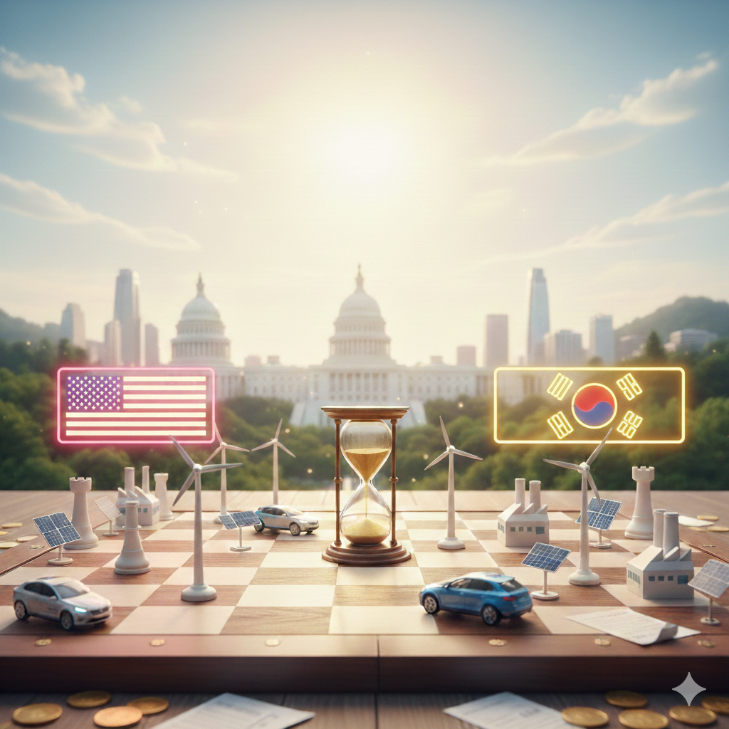 미국 국기(성조기)와 한국 국기(태극기) 네온사인이 마주 보고 있는 체스판 위에서 모형 자동차와 풍력 발전기, 태양광 패널이 놓여 있고 중앙에 모래시계가 있는 경제 통상 협력 상징 이미지