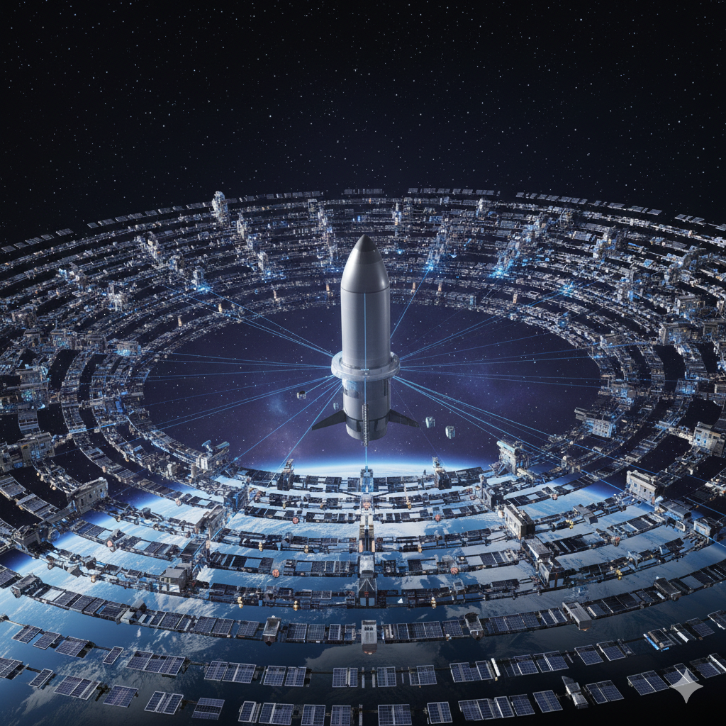 "지구 궤도 위를 비행하는 스페이스X 스타십과 수천 개의 위성들이 연결되어 구축된 우주 AI 데이터센터 인프라 가상 렌더링 이미지"