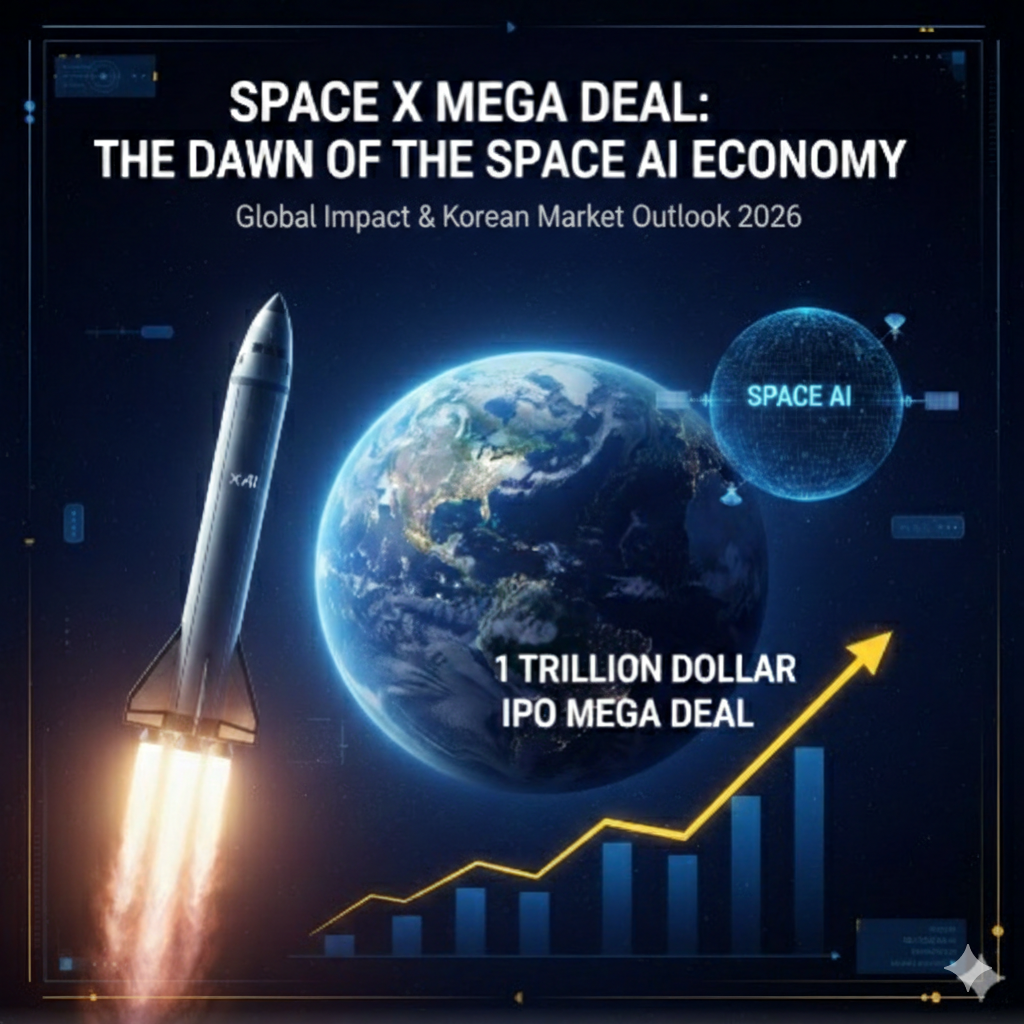 지구를 배경으로 발사되는 스페이스X 로켓과 상승하는 주가 그래프, 우주 AI 경제 시대를 나타내는 1조 달러 IPO 메가딜 컨셉 이미지