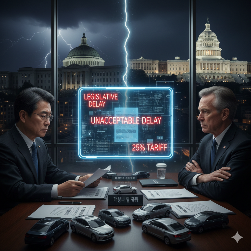 어두운 밤 의사당 건물을 배경으로 한국과 미국의 협상가가 테이블에 마주 앉아 있고, 그들 사이에 '입법 지연(LEGISLATIVE DELAY)', '수용 불가능한 지연(UNACCEPTABLE DELAY)', '25% 관세(25% TARIFF)'라는 붉은색 네온 경고 문구가 떠 있는 긴박한 회담 모습