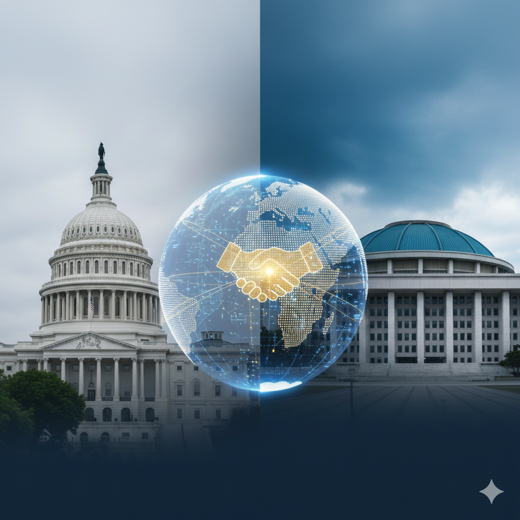 미국 국회의사당과 대한민국 국회 건물을 배경으로 가운데 빛나는 지구 위에서 악수하는 손 그래픽이 있는 한미 경제 협력 이미지