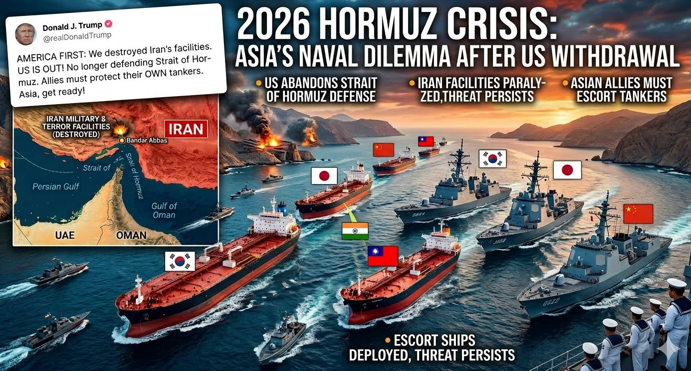 호르무즈 해협에서 한국, 일본, 중국의 군함들이 자국 유조선을 호위하고 있는 모습과 트럼프 대통령의 트루스소셜 게시물이 합성된 2026년 가상 위기 상황 이미지