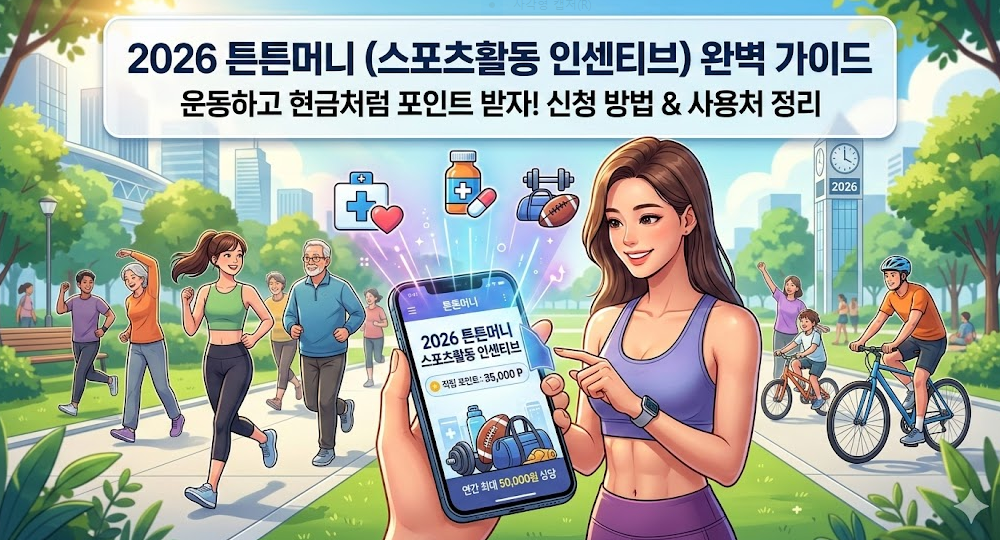 다양한 연령대의 사람들이 공원에서 조깅과 자전거 타기 등 운동을 즐기는 배경 앞에서, 한 여성이 2026 튼튼머니 스포츠활동 인센티브 앱이 실행된 스마트폰을 들고 연간 최대 5만 원 상당의 적립 포인트를 확인하는 모습의 일러스트