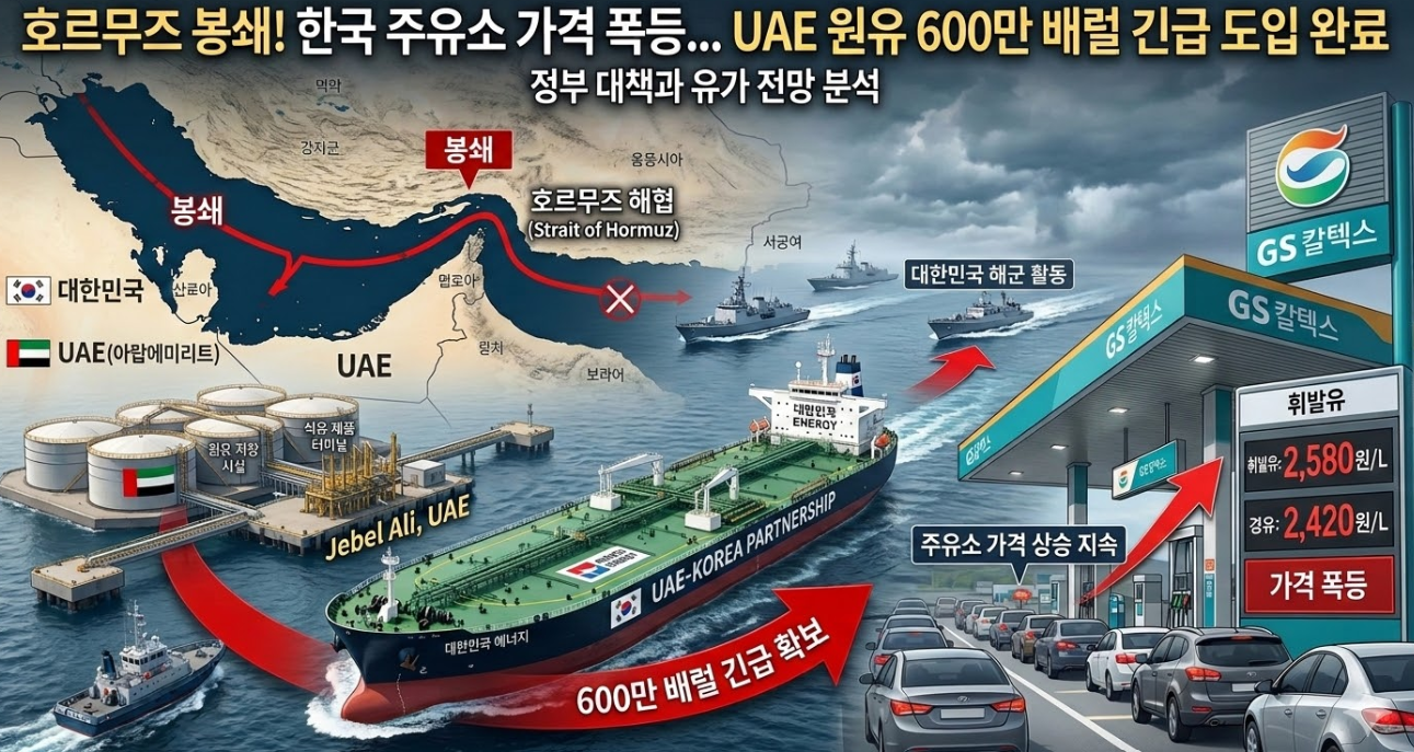 호르무즈 해협의 봉쇄 지도, UAE에서 한국으로 원유를 운반하는 대형 유조선, 그리고 리터당 2,580원으로 폭등한 한국 주유소 가격표를 보여주는 인포그래픽 이미지