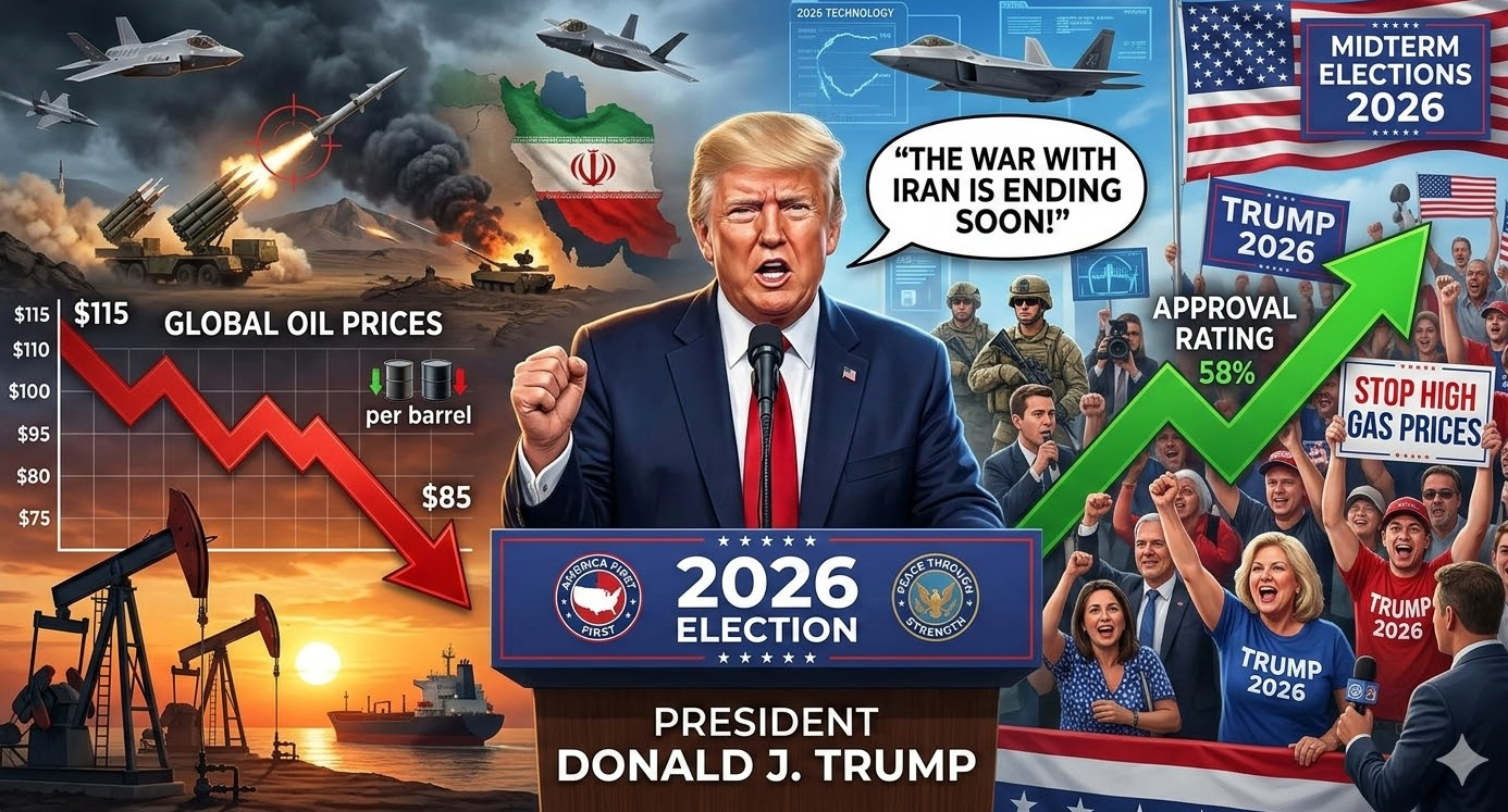 2026년 도널드 트럼프 대통령이 연단에서 이란과의 전쟁 종식을 선언하고 있으며, 배경에는 하락하는 국제 유가 그래프와 2026년 중간선거 지지자들의 모습이 복합적으로 구성된 이미지