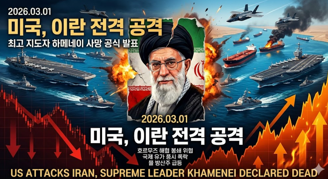 2026년 3월 1일 미국의 이란 공격과 하메네이 사망 발표 소식을 시각화한 이미지. 호르무즈 해협의 군사적 긴장감, 폭락하는 글로벌 주가 지수 차트와 급등하는 방산주 및 유가 상승 곡선을 대조적으로 표현함.